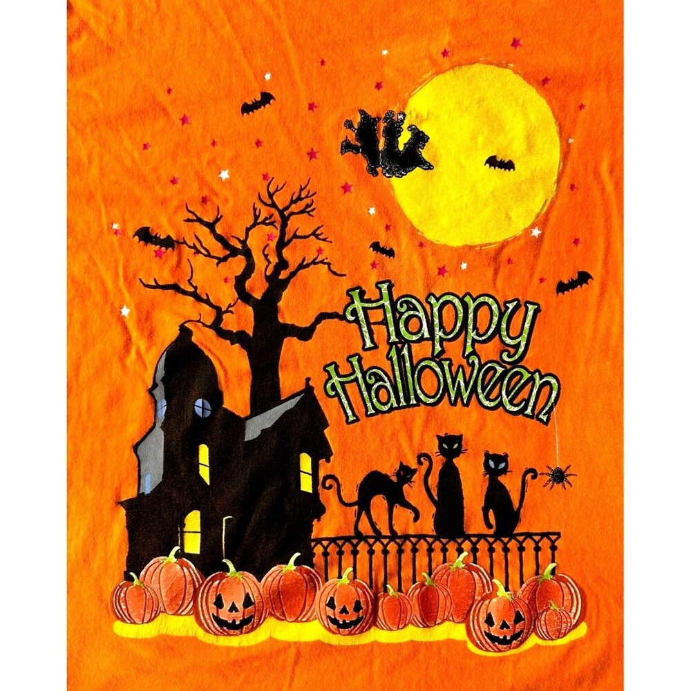 VTG 90's Happy Halloween T-Shirt 3XL 22W 24W Orange Black Cats Witch Hau…